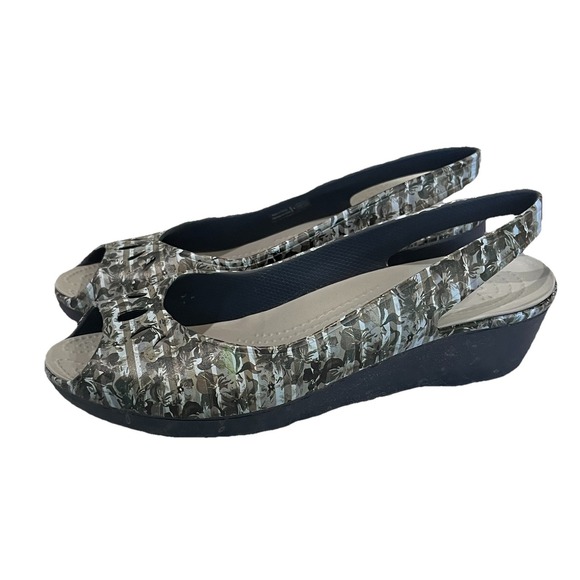 Crocs Mabyn Mini Wedge Slingback Sandal Women's 9 Blue Floral Open Toe - Picture 1 of 7